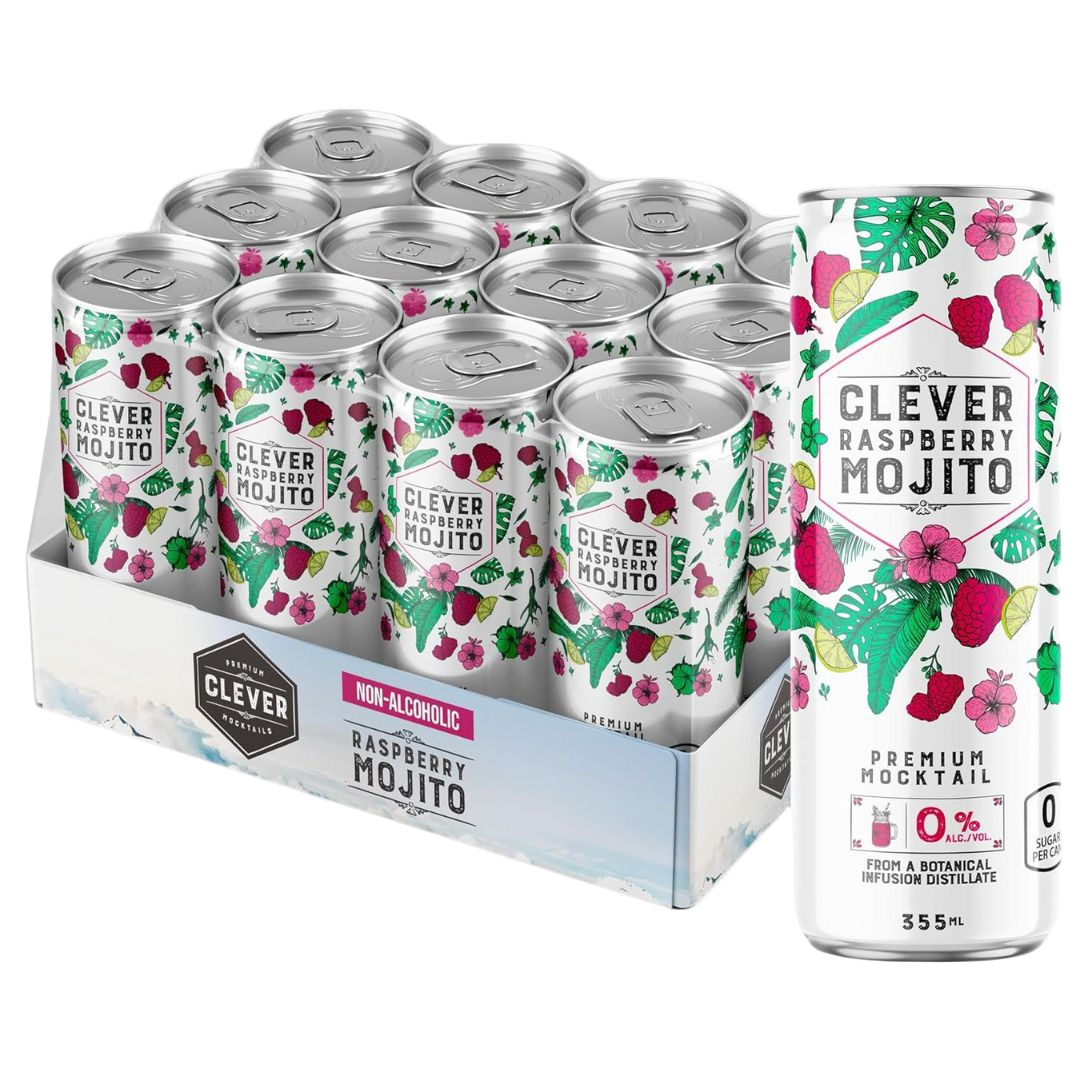 Clever Mocktails - Sugar-Free Raspberry Mojito (1 x 12 Pack, 355mL), non-alcoholic cocktail