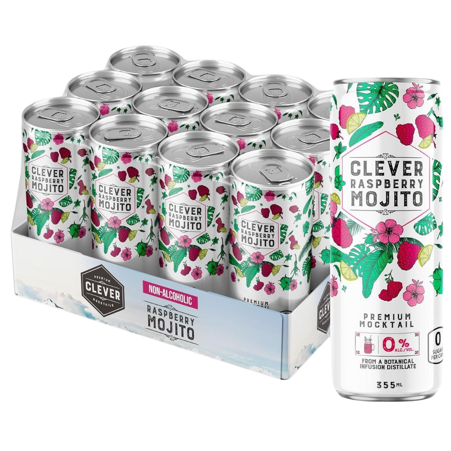 Clever Mocktails - Sugar-Free Raspberry Mojito (1 x 12 Pack, 355mL), non-alcoholic cocktail
