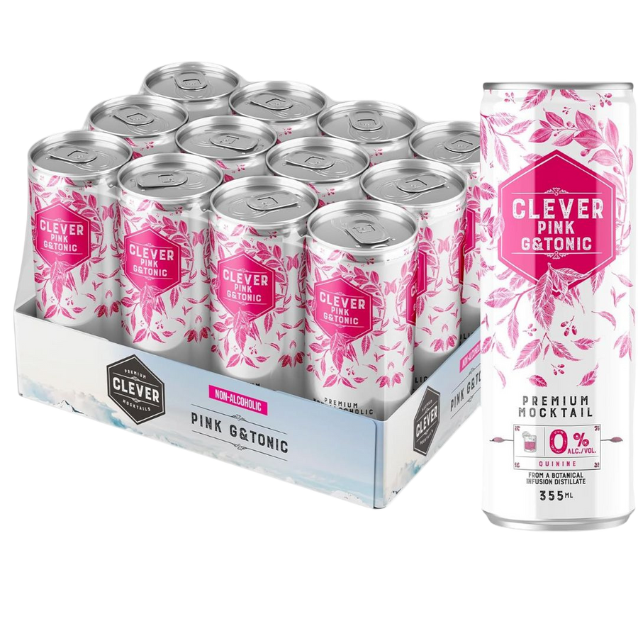 Clever Mocktails - Pink Gin Tonic (1 x 12 Pack, 355mL), non-alcoholic cocktail