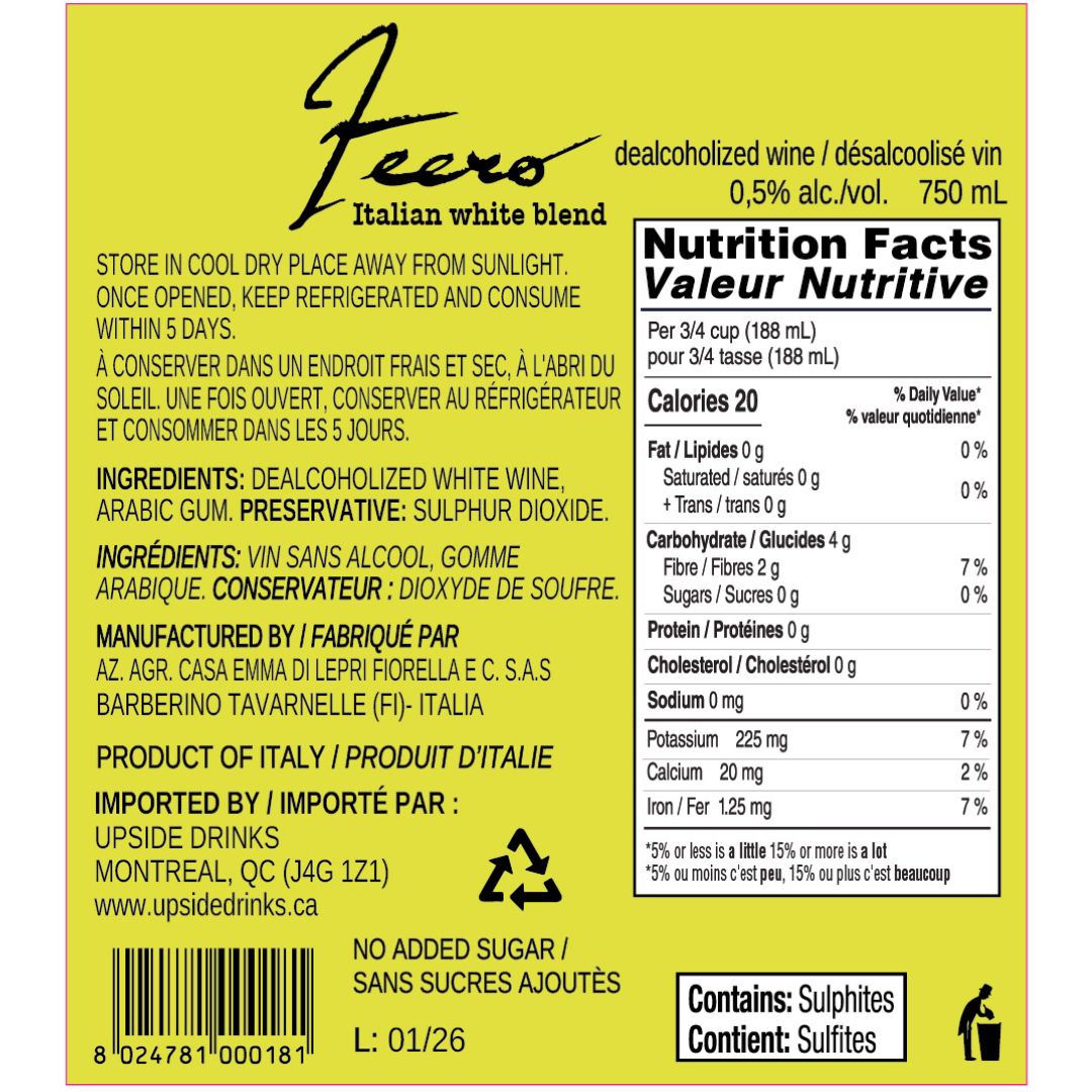 Casa Emma - Zeero Italian White Blend - Sugar-Free White Wine, nutrition facts