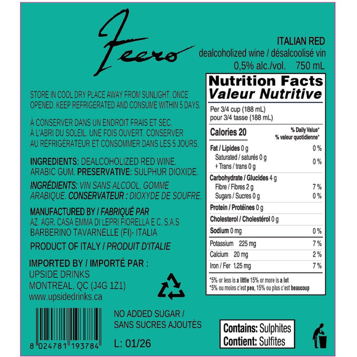 Casa Emma - Sangiovese Zeero - Sugar-Free Red Wine, nutrition facts