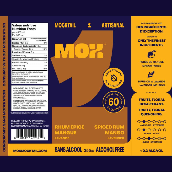 Mox Mocktails - Mox 1 - Spiced Rum Mango Lavender (1 x 12 Pack, 355mL), nutrition facts