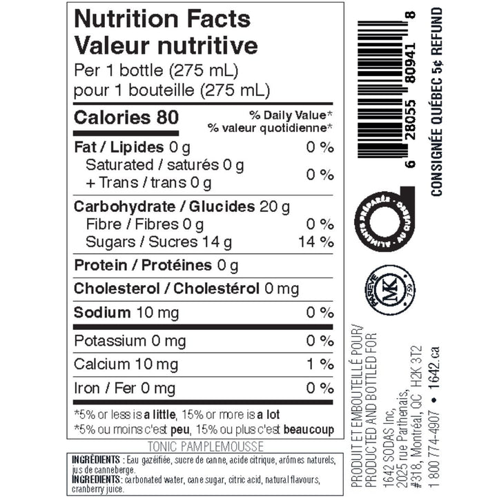 1642 - Pink Grapefruit (1 x 24 Pack, 275mL), nutrition facts