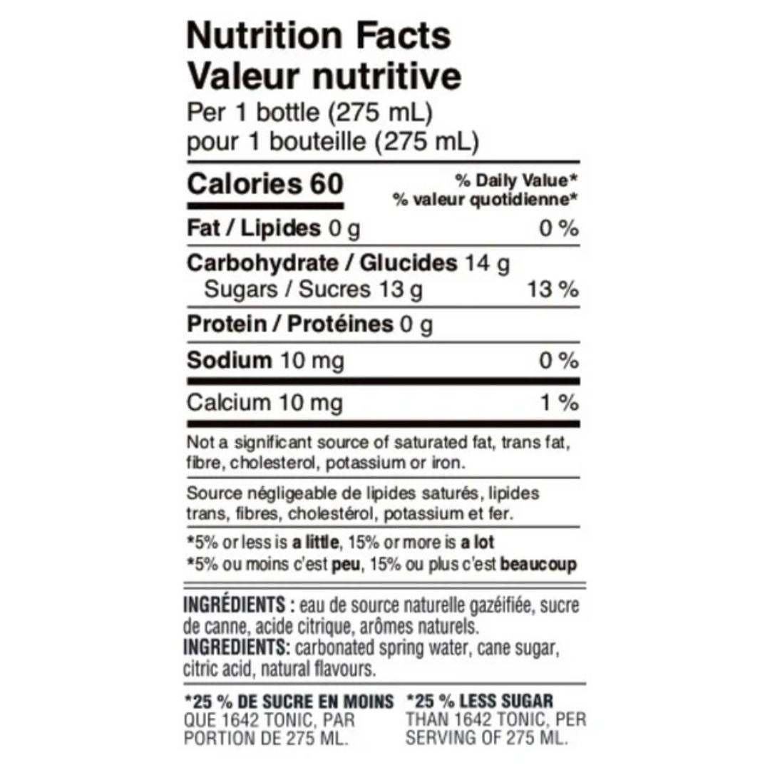 1642 - Light Tonic (1 x 24 Pack, 275mL), nutrition facts