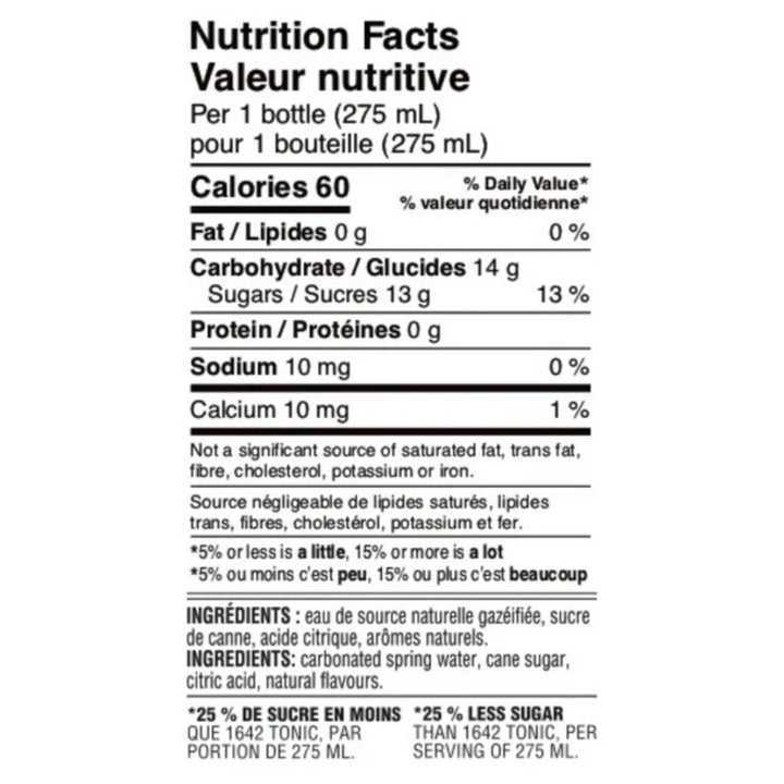 1642 - Light Tonic (1 x 24 Pack, 275mL), nutrition facts