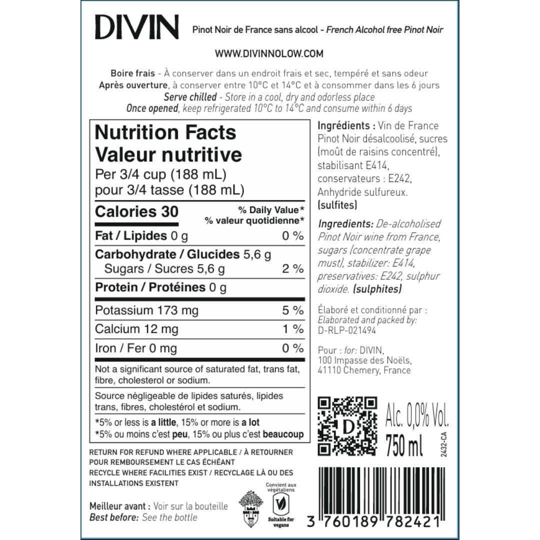 DIVIN 0.0 - Pinot Noir, nutrition facts